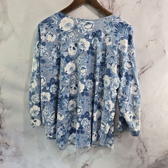 Vintage Shirt Womens Large 80s 90s Blue White Floral Tee Button Flower Buttons - Picture 5 of 15